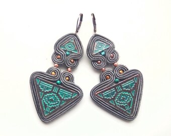 Earrings, soutache earrings, gift for woman, hand embroidered, native Aztec Gray