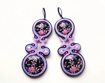 Earrings, soutache earrings, hand embroidered, violet colors, flowers, soutache embroidery Viola