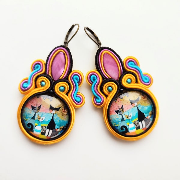 Earrings-Soutache earrings-boho jewelry-hand embroidered earrings-soutache Cat -