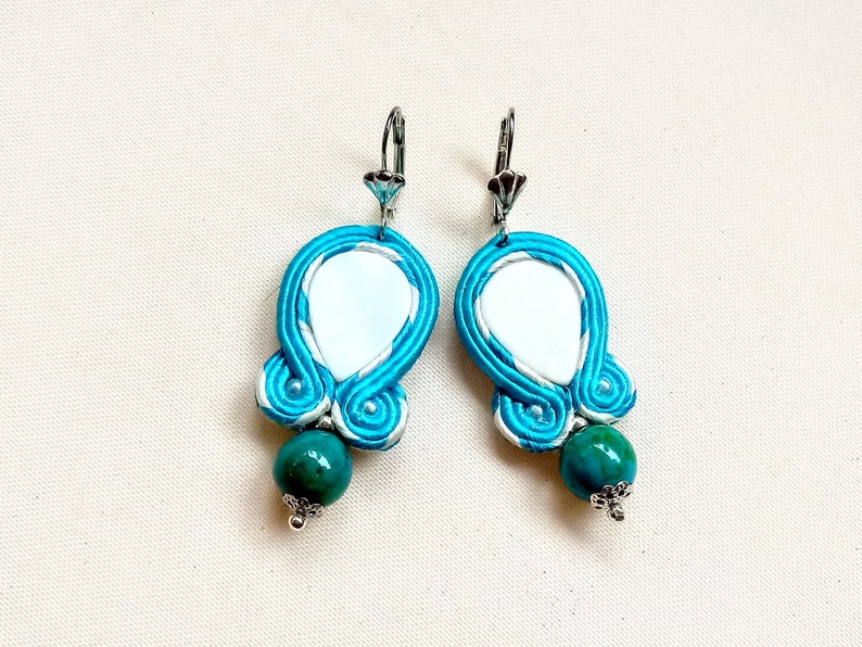 Earrings soutache ethnic Milky/&Turquoise hand embroidered earrings earrings boho turquoise gift for woman soutache technique