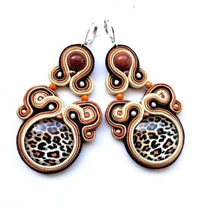 Hand Embroidered Ocelot Earrings: Soutache Boho Jewelry