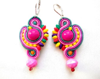 Soutache earrings, boho, hand embroidery, colorful soutache, embroidered earrings Colors