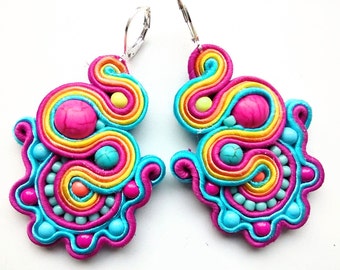 Earrings soutache, earrings boho, gift for woman, hand embroidery earrings, gift idea, Pink&Colorful