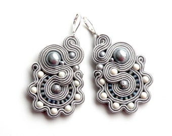 Fancy earrings, cheerful earrings, gray earrings, soutache earrings, embroidered jewelry, gift for her Gray Snail