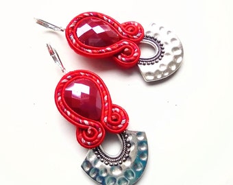 Earrings, soutache earrings, gift for woman, hand embroidered, red earrings Red