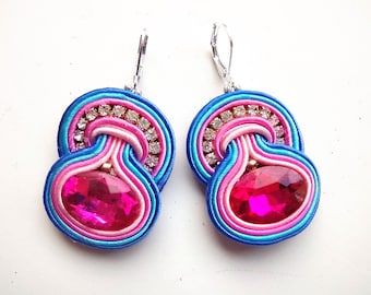 Earrings soutache, hot pink earrings, gift for woman, hand embroidered earrings, soutache technic, gift for her Hot Pink