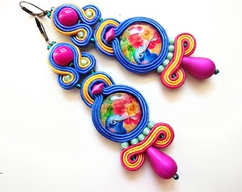 earrings, soutache earrings, hand embroidery, long embroidered earrings, gift for woman, colorful earrings Blue Bird