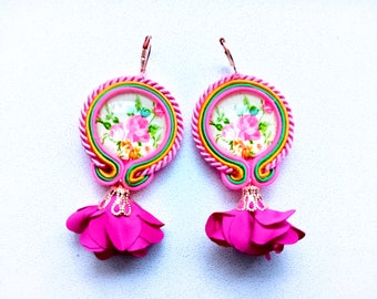 Oorbellen, oorbellen soutache, soutache  Flowers - Pink Roses