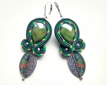 Earrings, soutache earrings, gift for woman, hand embroidered, green earrings, Green Leaf