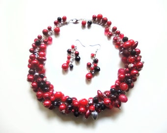 Necklace, chain&beads necklace, glass necklace, earrings GRATIS, medium necklace, gift for woman Red Rain