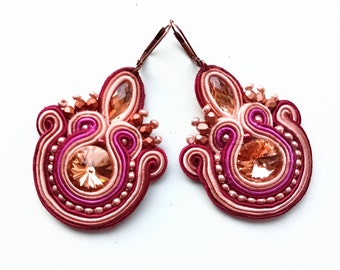 Earrings soutache, earrings with crystal, gift for woman, hand embroidered earrings, soutache embroidery Almond