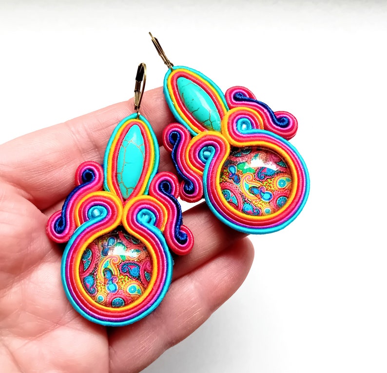 Earrings, soutache earrings, hand embroidered, colorful, gift for woman Paisley image 2