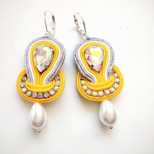 Earrings, soutache earrings, boho, yellow earrings, hand embroidered, Sunshine