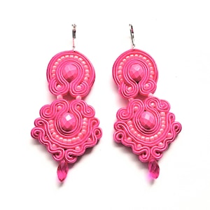 Cheerful earrings, fancy earrings, pink earrings, soutache earrings, hand embroidered earrings, soutache jewelry, gift for woman Pink