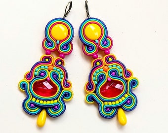 Earrings-soutache-boho-dangle earrings-gift for woman- embroidered earrings Raspberry