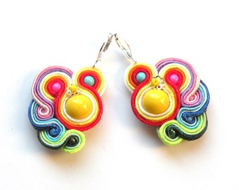 Rainbow Soutache Earrings: Hand-Embroidered Boho Jewelry, Toho Beads, expressive and light