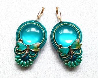 Pendientes-Pendientes Soutache-libélula-joyería boho-pendientes bordados a mano-soutache Libélula