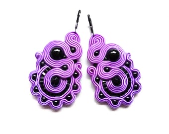 Earrings, soutache earrings, gift for woman, hand embroidered earrings, embroidery, Purple Sunset