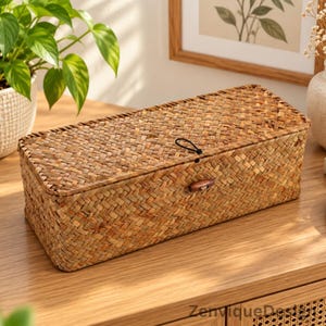 May include: A rectangular storage box crafted from woven seagrass with a hinged lid. The box features a natural tan and brown color palette with a simple wooden toggle button closure secured by a thin black elastic loop on the front panel.