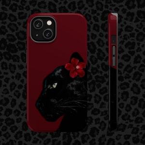 Handyhülle mit schwarzem Panther und roter Blume | Magnetische, stoßfeste Hülle