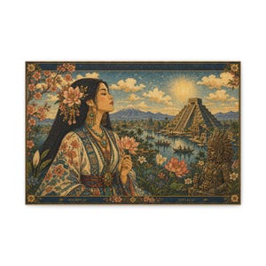 May include: A rectangular art print featuring a person with long dark hair adorned with pink flowers, wearing a patterned garment and jewelry. The scene includes a pyramid, a mountain, a sun, and a stone statue, with the text XOCHITLIA and TETLALIA.