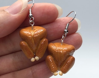 Mini Turkey or Cooked Chicken Polymer Clay Earrings / Hand Sculpted / Christmas / Thanksgiving / Rotisserie Chicken Fun Food Jewelry - ER003