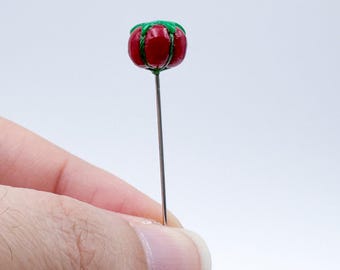 Hand-sculpted Polymer Clay Tomato Pincushion Pin, Single