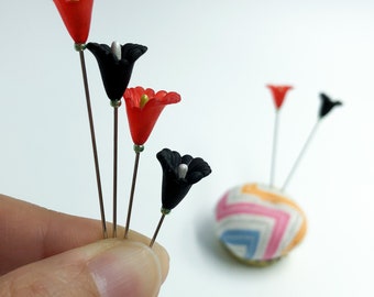 6 pc Black and Red Lily Embellished Lucite Plastic Decorative Sewing Pins, Counting or Cross Stitch Pincushion Pins EX Long - PN123