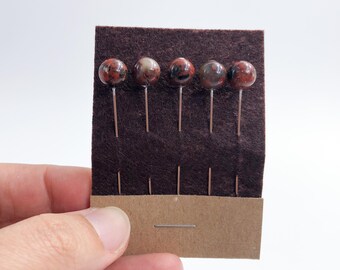 8mm Brecciated Jasper Gemstone Sewing Pins, Set of 5