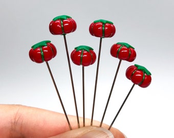 3 or 6 pc Hand Sculpted Tomato Pincushion Decorative Sewing Pins, Polymer Clay Ex Long Pincushion Cross Stitch Counting Pins-PN067