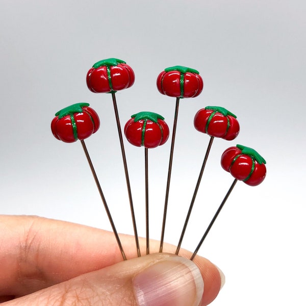 3 or 6 pc Hand Sculpted Tomato Pincushion Decorative Sewing Pins, Polymer Clay Ex Long Pincushion Cross Stitch Counting Pins-PN067