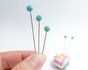 Real Amazonite Gemstone Decorative Sewing Pins, 6 mm stone, Set of 5