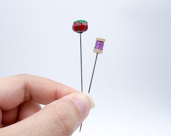Handcrafted Polymer Clay Tomato Pincushion and Thread Spool Pins, Pick Your Color Thread