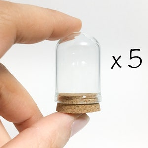May include: Set of five clear glass jars with cork lids. The jars are small and are being held in a hand.