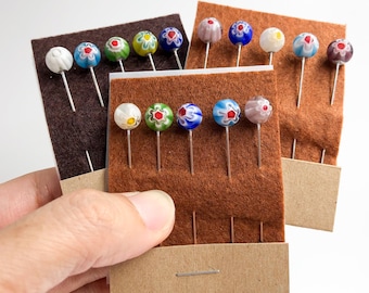 Colorful 8mm Millefiori Glass Bead Topped Decorative Sewing Pins, Set of 5 pins, Wonderful for Cross Stitch Finishing and Pincushion Decor