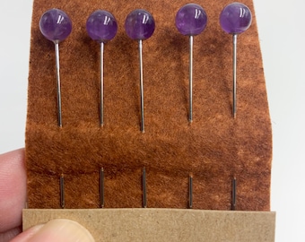 Real Amethyst Gemstone Decorative Sewing Pins, 6 mm stone, Set of 5