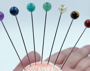 Real Gemstone Decorative Sewing Pins, 6 mm stone, Set of 7