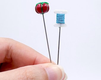 Mini Tomato Pincushion and Floss Bobbin Pins, Pick Your Color Thread