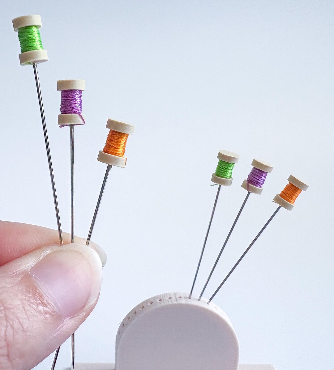 6 Pc Mini Thread Spool Sewing Pins Green, Purple & Orange Decorative ...