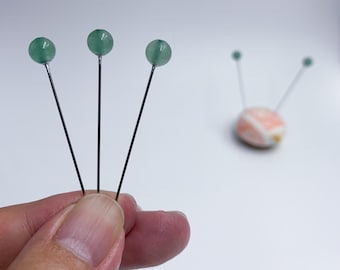 Real Green Aventurine Gemstone Decorative Sewing Pins, 6 mm stone, Set of 5