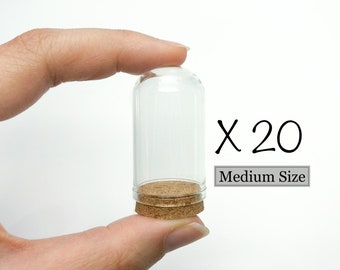 20 Miniature Glass Dome Bottles with Corks: Cloche Jars (43.5mm x 24.5mm)