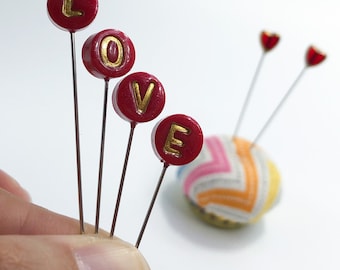 6 pc Set LOVE with Hearts Decorative Sewing Pins, Valentines, Love Letters, Pin Cushion, Counting and Cross Stitch Pins - PN151