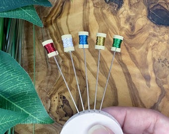 Metallic Thread Spool Pins, Winter Colors, Set of 5