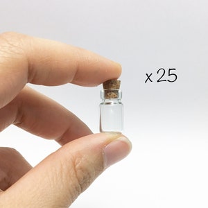 25 piece Miniature Glass Bottle with Cork, Mini Glass Jar,18mm x 10mm Dollhouse Miniature or DIY Pendant, Tiny Glass Jar, Potion Jar GLS002