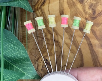 Mini Thread Spool Pins, Neon Colors, Handmade Sewing Pins, Set of 6