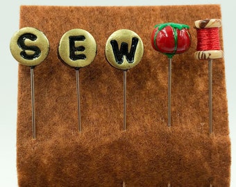 5 pc Set SEW - Vintage Gold Letters, Tomato Pin Cushion Pin and Thread Spool Set - Pick Your Spool Color - PN155