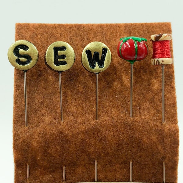 5 pc Set SEW - Vintage Gold Letters, Tomato Pin Cushion Pin and Thread Spool Set - Pick Your Spool Color - PN155