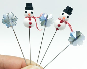 5 pc Mini Snowman and Crystal Snowflake Handcrafted Decorative Sewing Pins - PN169