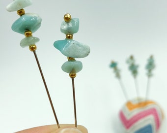 5 pc Amazonite Gemstone Chip Stone Decorative Sewing Pin Quilting Pin Cross Stitch Pin Pincushion Pin Counting Pin Sewing Gifts - PN144