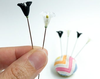 6 pc Black and White Lily Embellished Lucite Plastic Decorative Sewing Pins, Counting or Cross Stitch Pincushion Pins - PN121